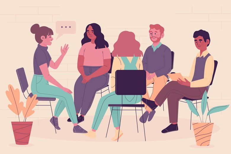 Illustration d'un groupe de personnes assises en train de discuter