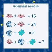 Eine Rechenaufgabe mit Symbolen und Zahlen. Hirn plus Hirn = 16. FRAGILE-Logo mal Hirn = 24. FRAGILE-Logo minus Puzzleteil = 2. Hirn plus FRAGILE-Logo plus Puzzleteil = ?